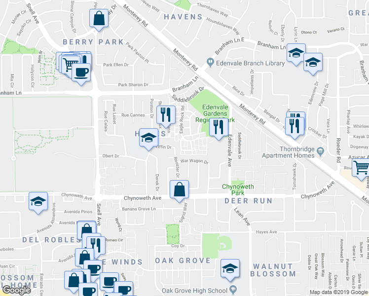 map of restaurants, bars, coffee shops, grocery stores, and more near 5008 Grey Feather Circle in San Jose