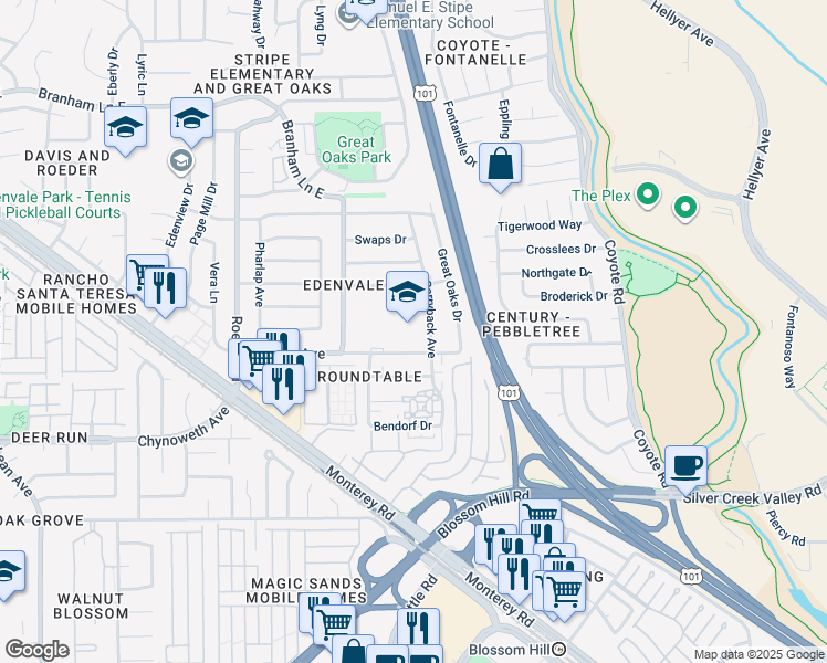 map of restaurants, bars, coffee shops, grocery stores, and more near 285 Azucar Avenue in San Jose