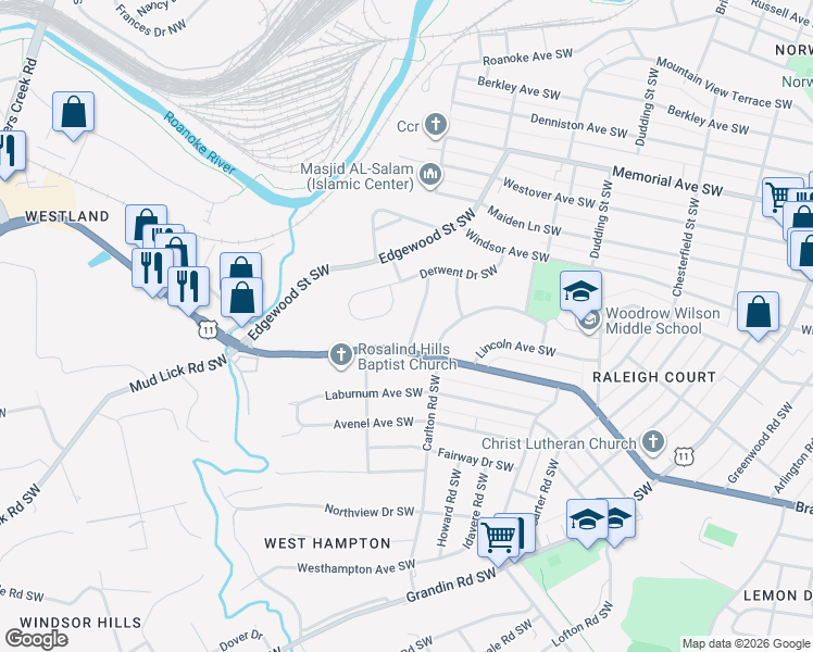 map of restaurants, bars, coffee shops, grocery stores, and more near 1935 Langdon Road Southwest in Roanoke