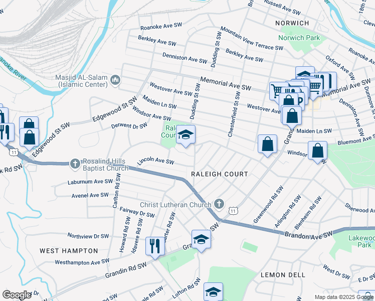 map of restaurants, bars, coffee shops, grocery stores, and more near 1813 Carter Road Southwest in Roanoke