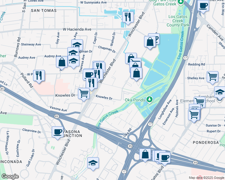 map of restaurants, bars, coffee shops, grocery stores, and more near 1745 Knowles Drive in Los Gatos