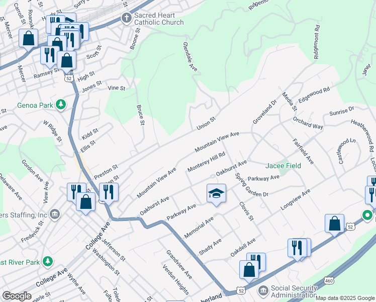 map of restaurants, bars, coffee shops, grocery stores, and more near 417 Monterey Hill in Bluefield