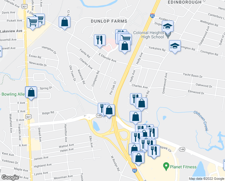 map of restaurants, bars, coffee shops, grocery stores, and more near 2529a Pin Oak Court in Colonial Heights