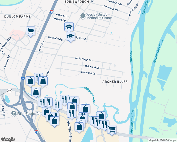 map of restaurants, bars, coffee shops, grocery stores, and more near 1206 Elmwood Drive in Colonial Heights