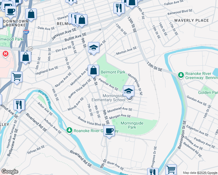 map of restaurants, bars, coffee shops, grocery stores, and more near 1071 Pechin Avenue Southeast in Roanoke