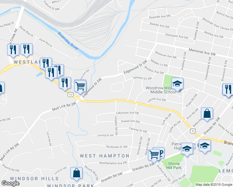 map of restaurants, bars, coffee shops, grocery stores, and more near 2771 Derwent Drive Southwest in Roanoke