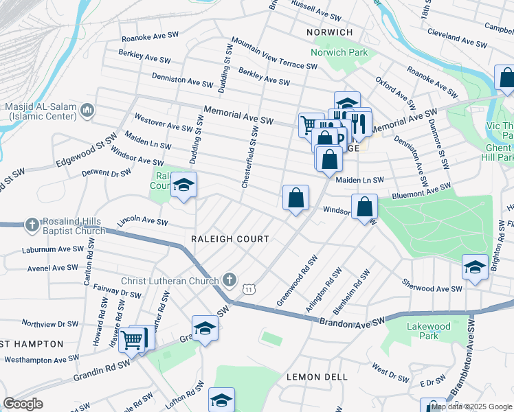 map of restaurants, bars, coffee shops, grocery stores, and more near 2127 Sherwood Avenue Southwest in Roanoke