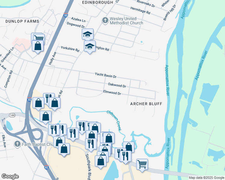 map of restaurants, bars, coffee shops, grocery stores, and more near 1206 Elmwood Drive in Colonial Heights