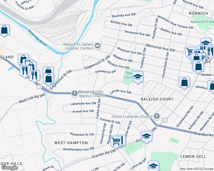 map of restaurants, bars, coffee shops, grocery stores, and more near 1902 Carlton Road Southwest in Roanoke