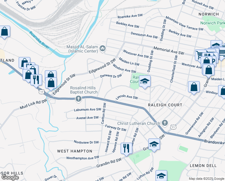map of restaurants, bars, coffee shops, grocery stores, and more near 1902 Carlton Road Southwest in Roanoke