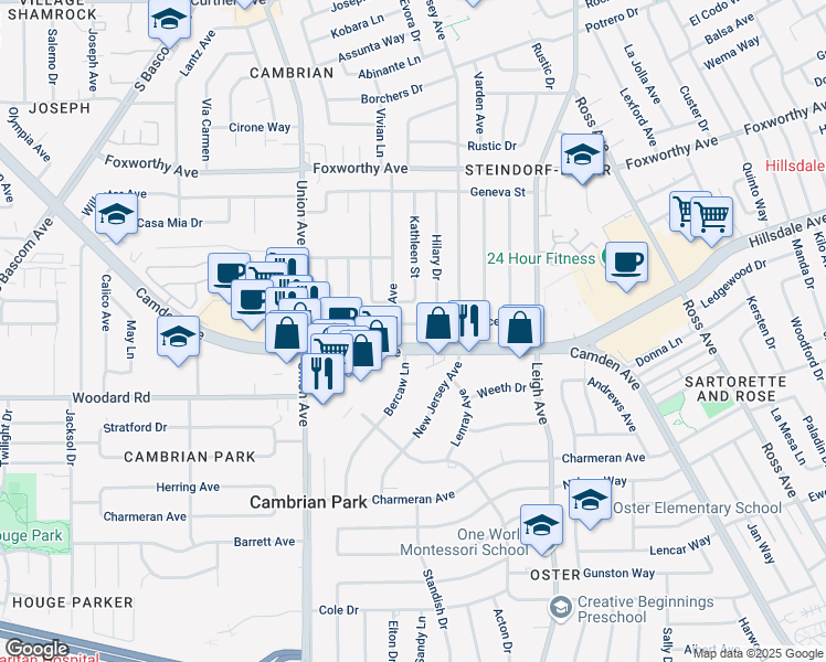 map of restaurants, bars, coffee shops, grocery stores, and more near 1944 Bernice Way in San Jose
