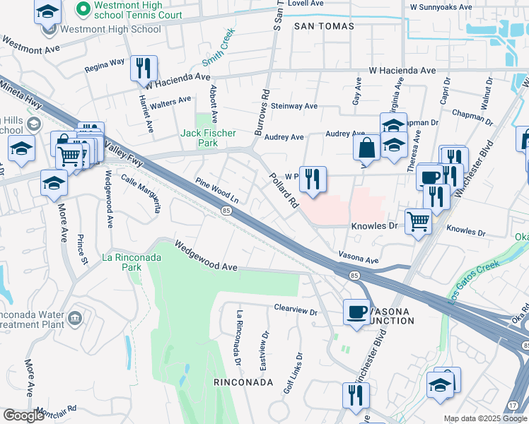 map of restaurants, bars, coffee shops, grocery stores, and more near 935 Castlewood Drive in Los Gatos