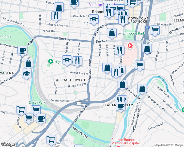 map of restaurants, bars, coffee shops, grocery stores, and more near 1201 Franklin Road in Roanoke
