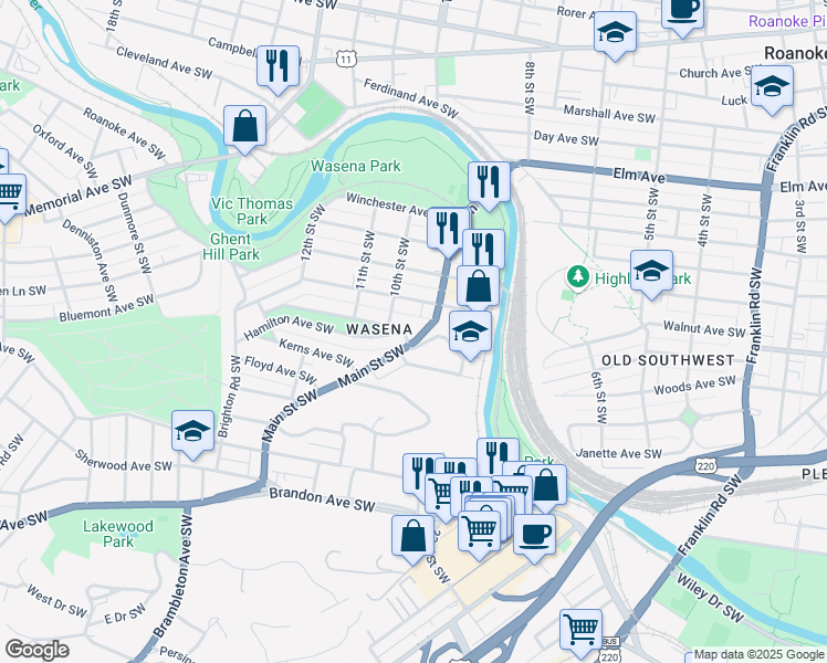 map of restaurants, bars, coffee shops, grocery stores, and more near in Roanoke