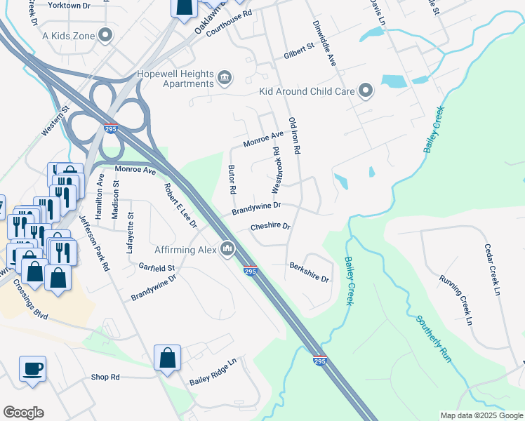 map of restaurants, bars, coffee shops, grocery stores, and more near 3904 Brandywine Drive in Hopewell