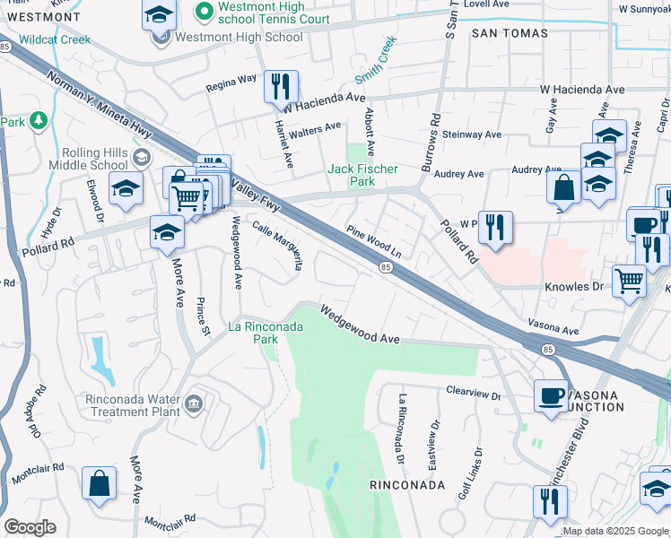 map of restaurants, bars, coffee shops, grocery stores, and more near 14225 Lora Drive in Los Gatos