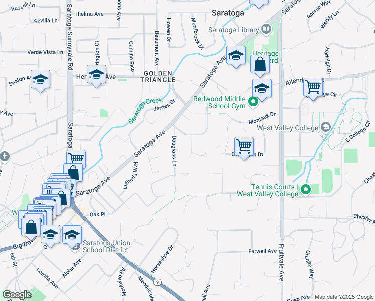 map of restaurants, bars, coffee shops, grocery stores, and more near 14131 Woodview Lane in Saratoga
