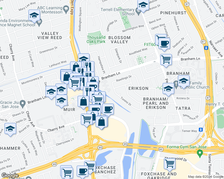 map of restaurants, bars, coffee shops, grocery stores, and more near 4705 Tonino Drive in San Jose
