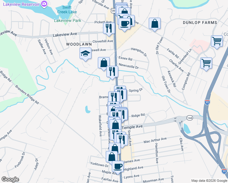 map of restaurants, bars, coffee shops, grocery stores, and more near 2500 Boulevard in Colonial Heights