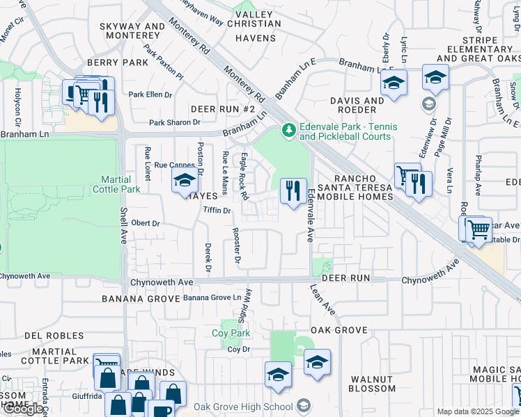 map of restaurants, bars, coffee shops, grocery stores, and more near 4950 Red Creek Drive in San Jose