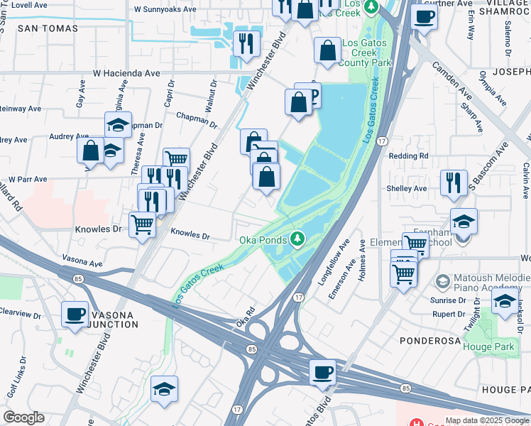 map of restaurants, bars, coffee shops, grocery stores, and more near 1580 Dell Avenue in Campbell