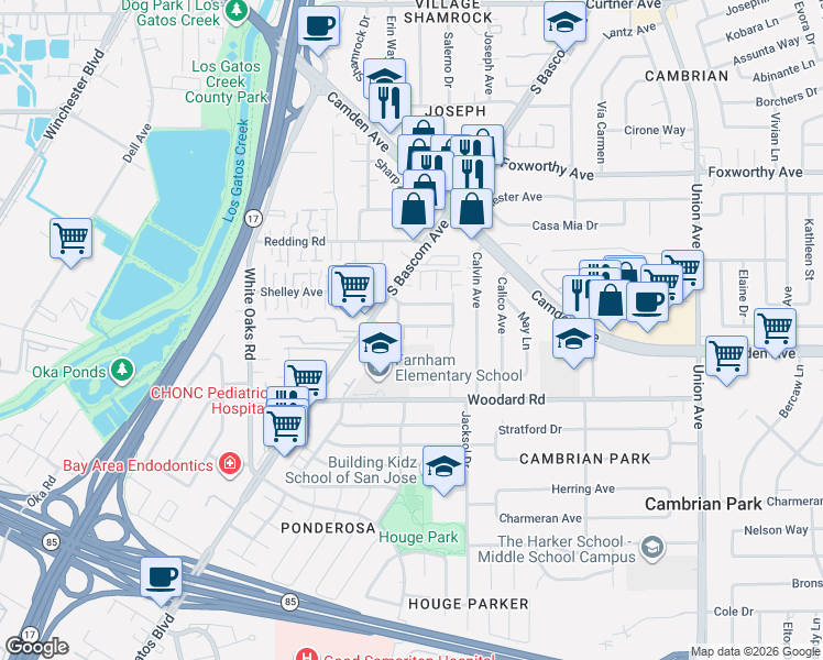 map of restaurants, bars, coffee shops, grocery stores, and more near 2332 Shelley Avenue in San Jose