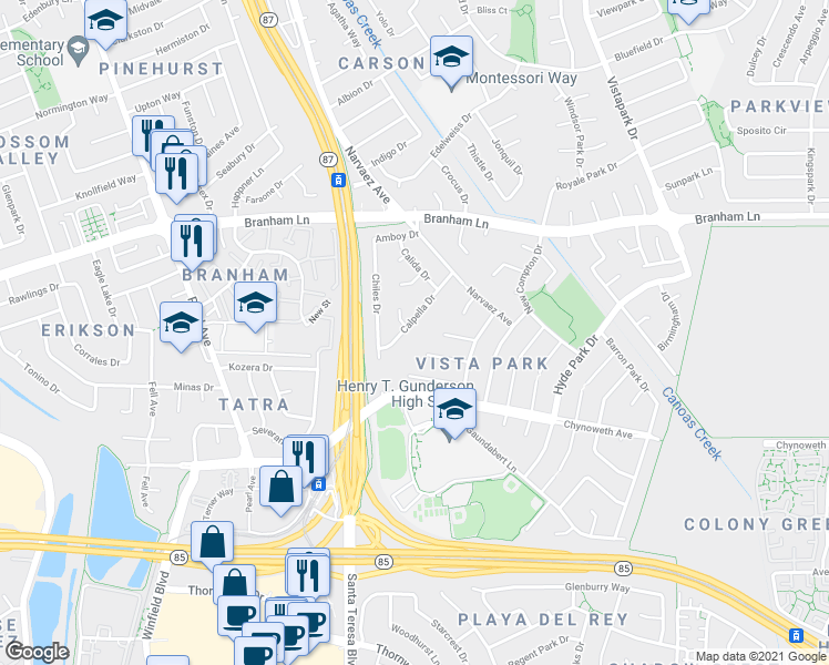 map of restaurants, bars, coffee shops, grocery stores, and more near 617 Calpella Drive in San Jose