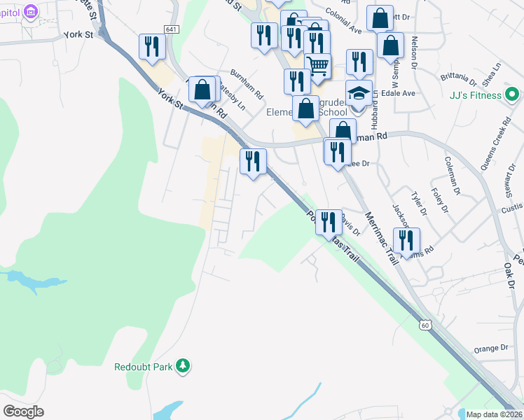 map of restaurants, bars, coffee shops, grocery stores, and more near 7005 Pocahontas Trail in Williamsburg