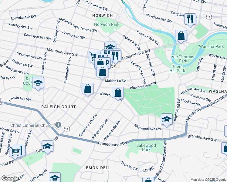 map of restaurants, bars, coffee shops, grocery stores, and more near 1851 Bluemont Avenue Southwest in Roanoke