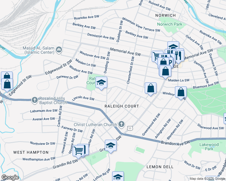 map of restaurants, bars, coffee shops, grocery stores, and more near 2235 Sherwood Avenue Southwest in Roanoke