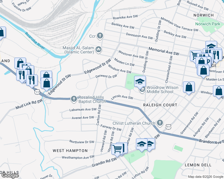 map of restaurants, bars, coffee shops, grocery stores, and more near 1855 Carlton Road Southwest in Roanoke