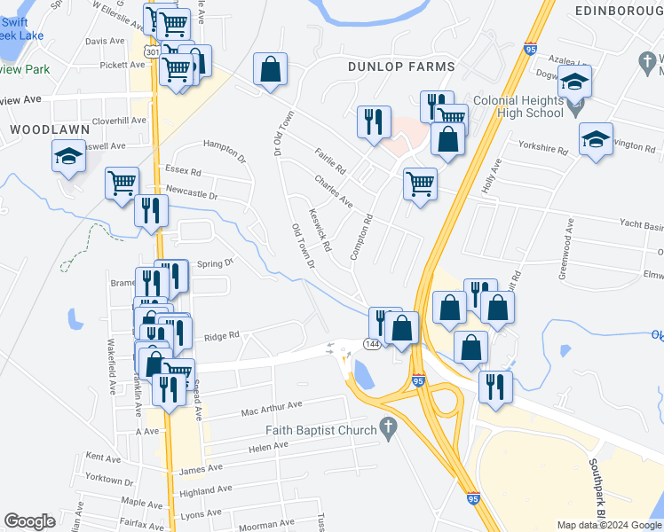map of restaurants, bars, coffee shops, grocery stores, and more near 809 Keswick Road in Colonial Heights