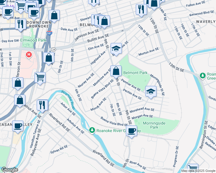 map of restaurants, bars, coffee shops, grocery stores, and more near 1240 Buena Vista Boulevard Southeast in Roanoke