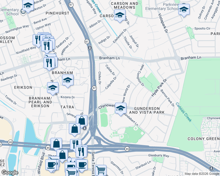 map of restaurants, bars, coffee shops, grocery stores, and more near 617 Calpella Drive in San Jose