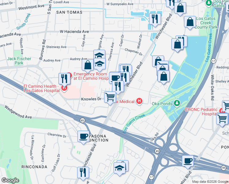 map of restaurants, bars, coffee shops, grocery stores, and more near 14107 Winchester Boulevard in Los Gatos