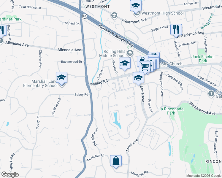 map of restaurants, bars, coffee shops, grocery stores, and more near 111 El Olivar in Los Gatos