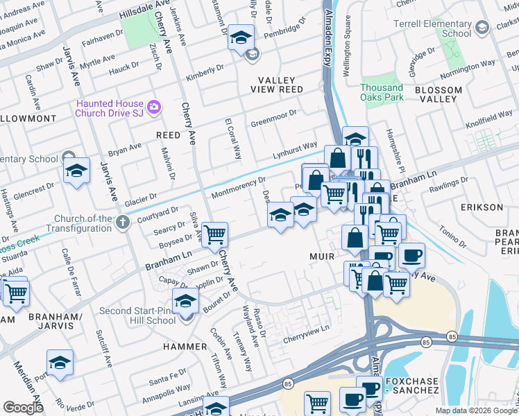 map of restaurants, bars, coffee shops, grocery stores, and more near 4464 Bald Eagle Way in San Jose