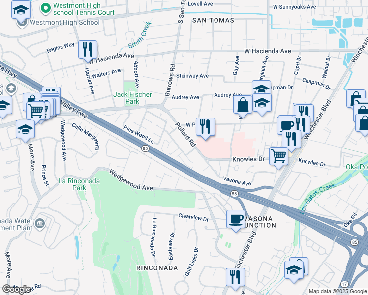 map of restaurants, bars, coffee shops, grocery stores, and more near 909 Castlewood Drive in Los Gatos