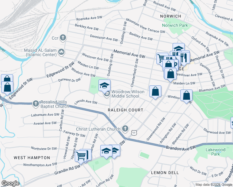 map of restaurants, bars, coffee shops, grocery stores, and more near 1806 Stratford Place Southwest in Roanoke