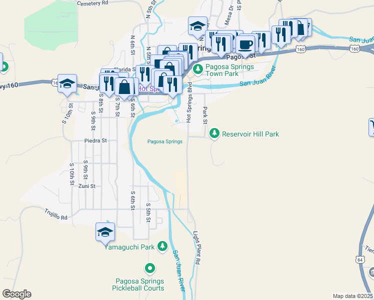 map of restaurants, bars, coffee shops, grocery stores, and more near Hot Springs Boulevard in Pagosa Springs