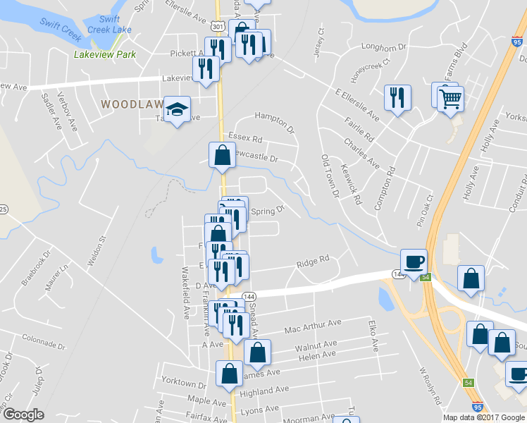 map of restaurants, bars, coffee shops, grocery stores, and more near 230 Spring Drive in Colonial Heights