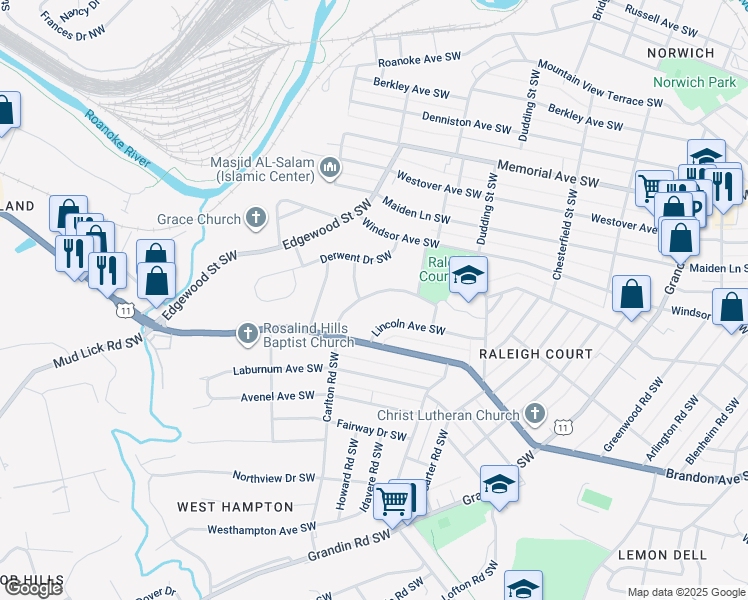 map of restaurants, bars, coffee shops, grocery stores, and more near 1868 Carlton Road Southwest in Roanoke