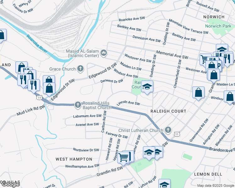 map of restaurants, bars, coffee shops, grocery stores, and more near 1868 Carlton Road Southwest in Roanoke