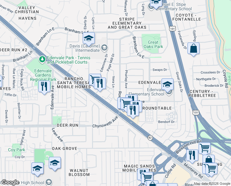 map of restaurants, bars, coffee shops, grocery stores, and more near 5198 Vera Lane in San Jose