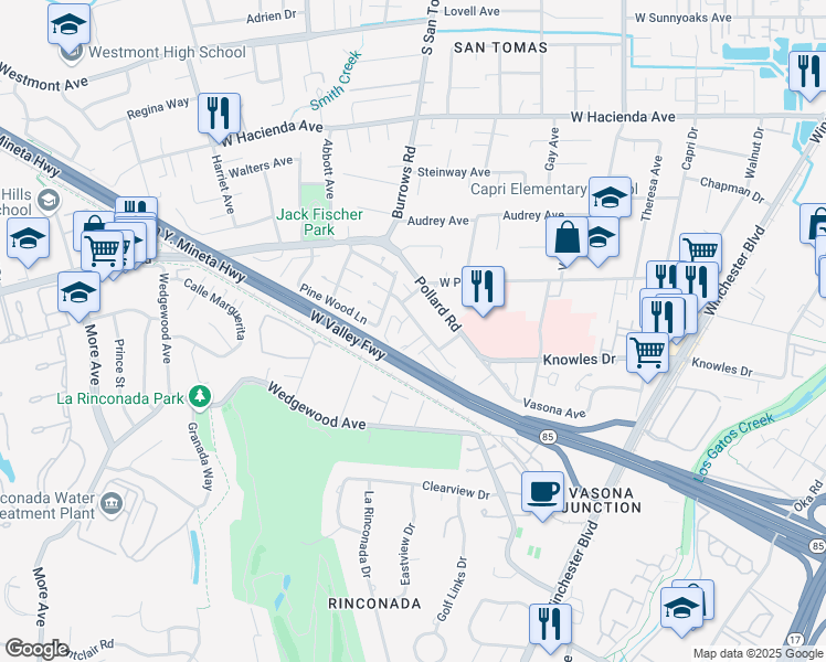 map of restaurants, bars, coffee shops, grocery stores, and more near 935 Castlewood Drive in Los Gatos