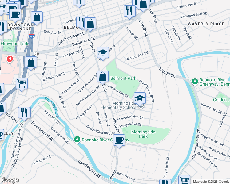 map of restaurants, bars, coffee shops, grocery stores, and more near 1004-1020 Penmar Street Southeast in Roanoke