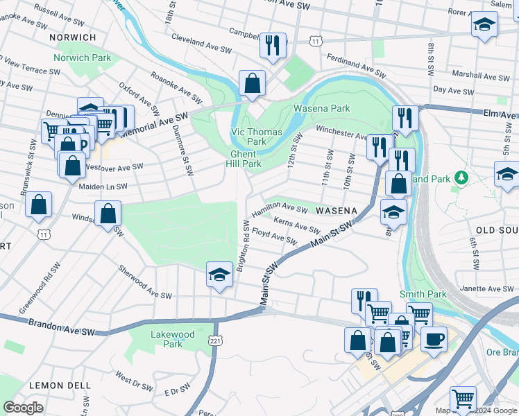map of restaurants, bars, coffee shops, grocery stores, and more near 1229 Hamilton Avenue Southwest in Roanoke