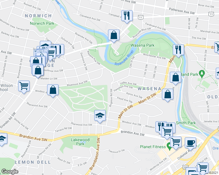 map of restaurants, bars, coffee shops, grocery stores, and more near 1317 Brighton Road Southwest in Roanoke