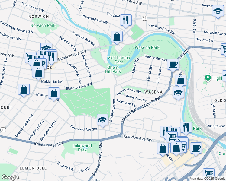 map of restaurants, bars, coffee shops, grocery stores, and more near 1317 Brighton Road Southwest in Roanoke