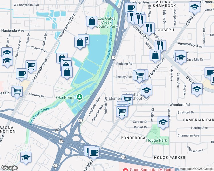 map of restaurants, bars, coffee shops, grocery stores, and more near 1040 Longfellow Avenue in Campbell